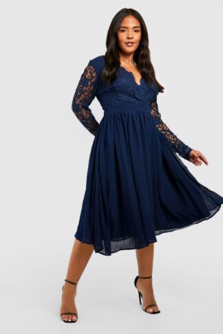 Womens Plus Lace Midi Skater Dress - Navy - 26, Navy