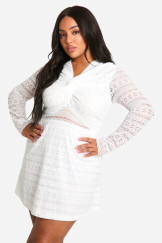 Womens Plus Lace Twist Skater Dress - White - 16, White