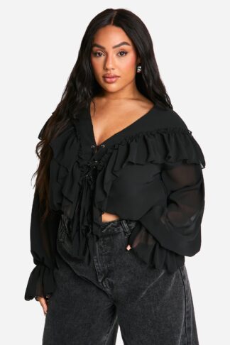 Womens Plus Lace Up Front Ruffle Blouse - Black - 16, Black