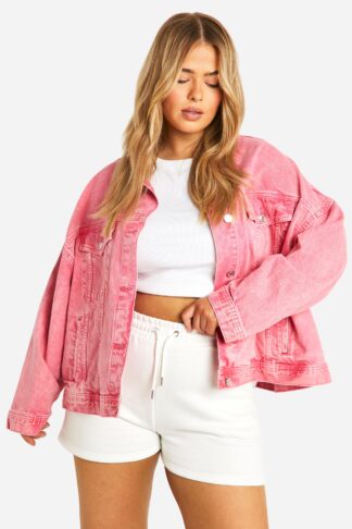 Womens Plus Pink Acid Wash Denim Jacket - 16, Pink