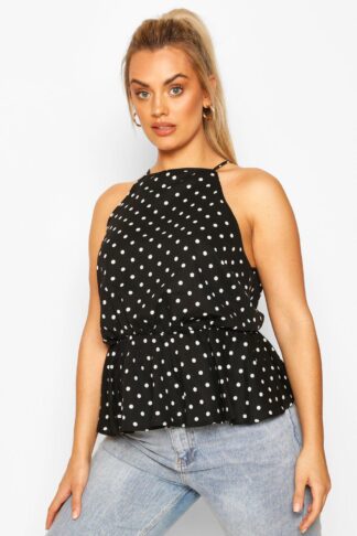 Womens Plus Polka Dot Peplum Cami Top - Black - 22, Black