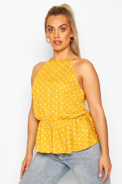 Womens Plus Polka Dot Peplum Cami Top - Yellow - 20, Yellow