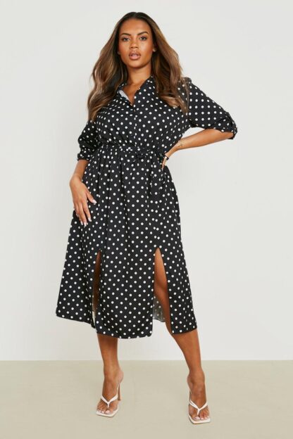 Womens Plus Polka Midi Shirt Dress - Black - 20, Black