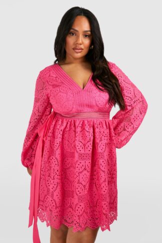 Womens Plus Premium Lace Volume Sleeve Skater Dress - Pink - 28, Pink