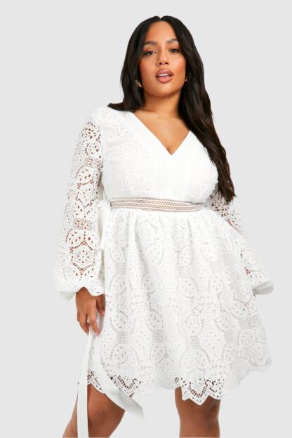 Womens Plus Premium Lace Volume Sleeve Skater Dress - White - 16, White