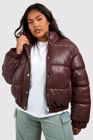 Womens Plus Pu Puffer Jacket - Brown - 24, Brown