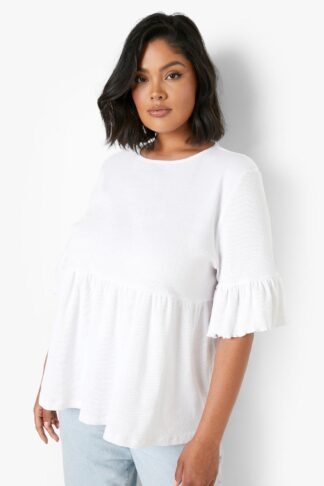 Womens Plus Rib Frill Sleeve Smock Top - White - 20, White