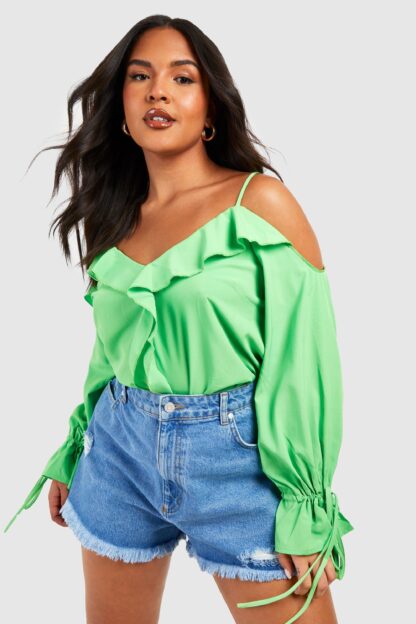 Womens Plus Ruffle Front Cold Shoulder Top - Green - 16, Green