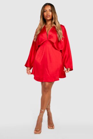 Womens Plus Satin Batwing Skater Dress - Red - 16, Red