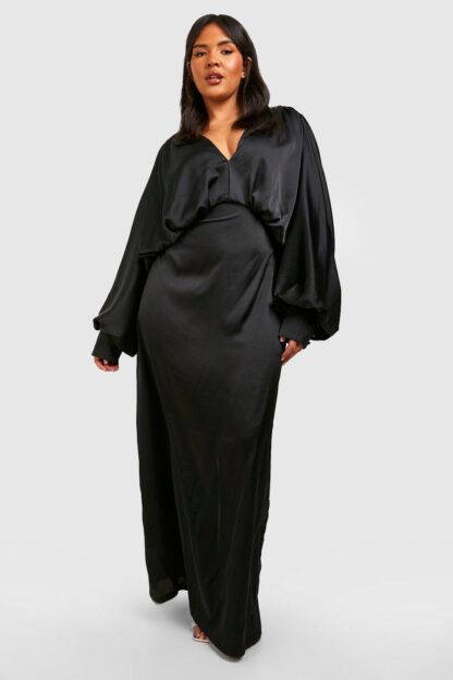 Womens Plus Satin Plunge Blouson Sleeve Maxi Dress - Black - 16, Black