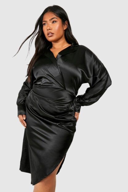 Womens Plus Satin Ruched Midi Shirt Dress - Black - 28, Black