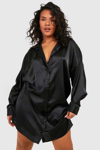 Womens Plus Satin Shirt Dress - Black - 16, Black