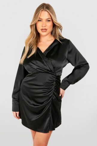 Womens Plus Satin Shirt Wrap Dress - Black - 16, Black