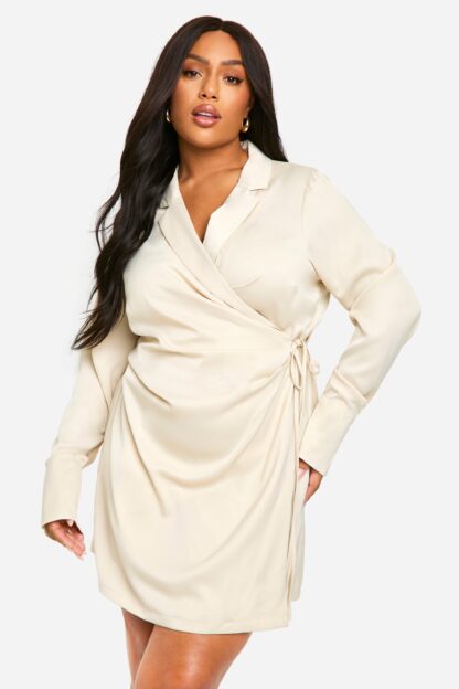 Womens Plus Satin Tie Wrap Shirt Dress - Beige - 16, Beige