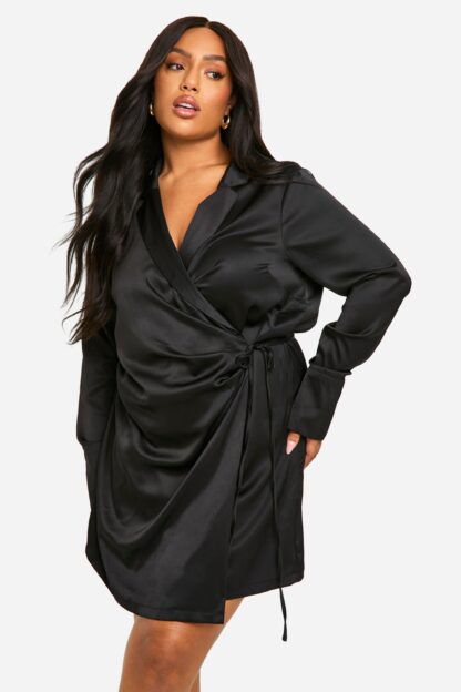 Womens Plus Satin Tie Wrap Shirt Dress - Black - 16, Black