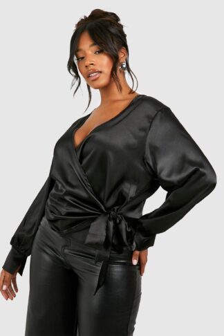 Womens Plus Satin Wrap Tie Blouse - Black - 28, Black