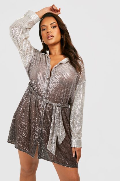 Womens Plus Sequin Ombre Oversized Shirt Dress - Brown - 22, Brown