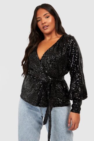 Womens Plus Sequin Wrap Blouse - Black - 16, Black