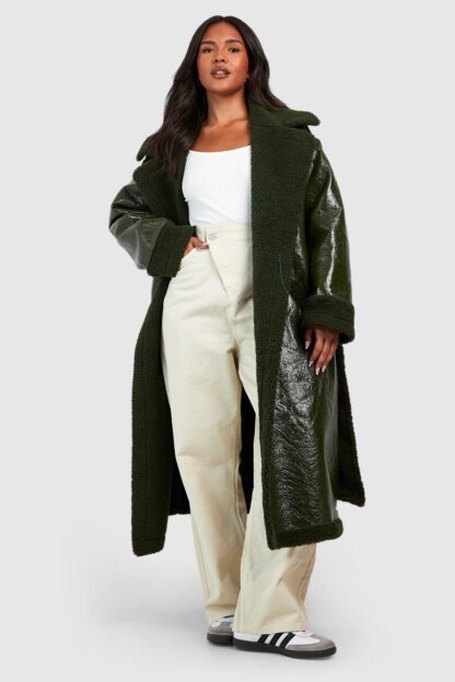 Womens Plus Teddy Trim Vinyl Belted Coat - Green - 16, Green