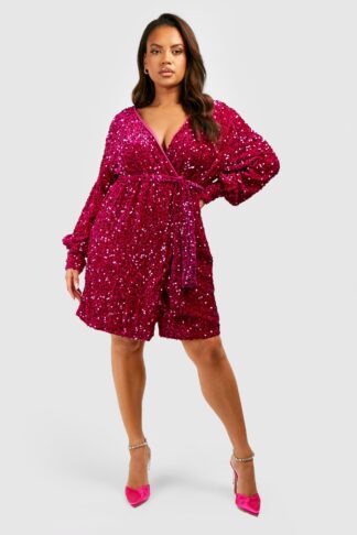 Womens Plus Velvet Sequin Wrap Dress - Pink - 16, Pink