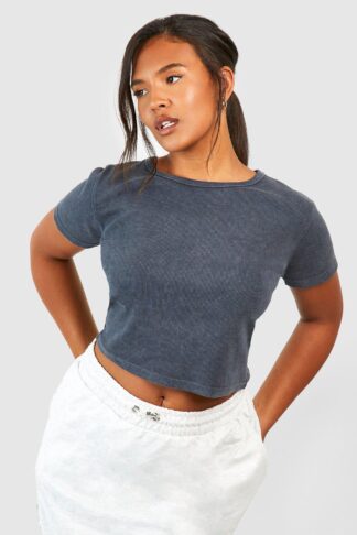 Womens Plus Washed Crew Neck Rib Top - Grey - 20, Grey