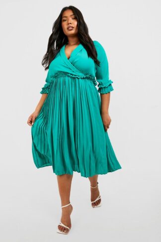 Womens Plus Woven Pleated Ruffle Midi Skater Dress - Green - 28, Green