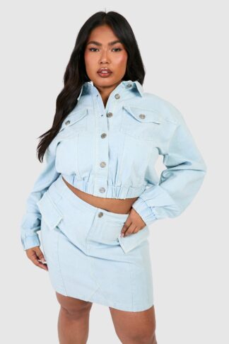 Womens Plus Bleach Wash Cropped Denim Bomber Jacket - Blue - 16, Blue