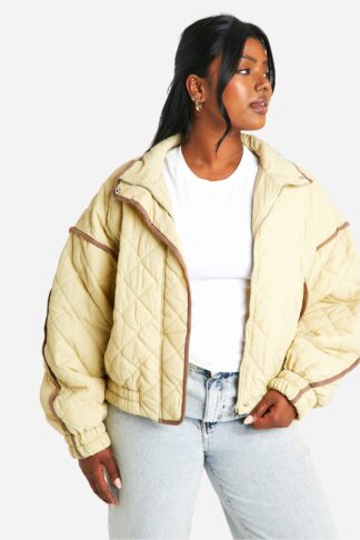 Womens Plus Contrast Detail Quilted Padded Jacket - Beige - 16, Beige