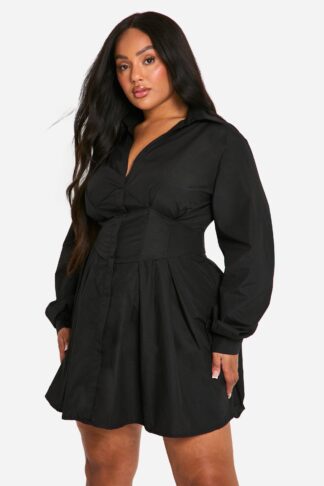 Womens Plus Corset Detail Shirt Dress - Black - 16, Black