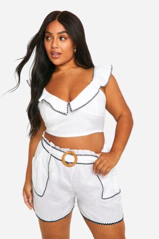 Womens Plus Embroidered Linen Look Crop Top And Belted Short Set - White - 16, White