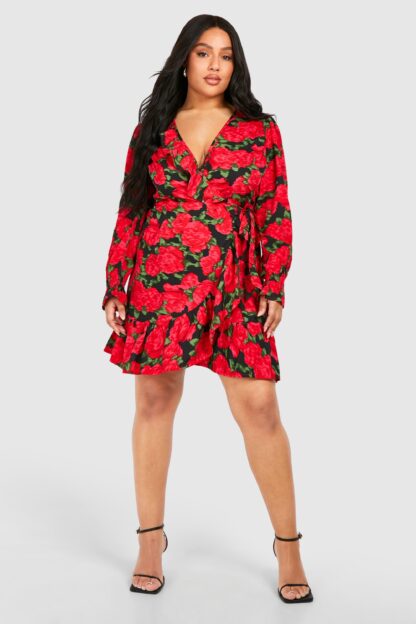 Womens Plus Floral Long Sleeve Wrap Dress - Black - 16, Black