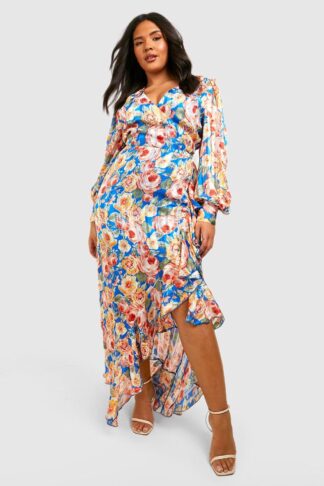 Womens Plus Floral Ruffle Wrap Maxi Dress - Blue - 16, Blue