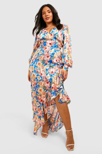 Womens Plus Floral Ruffle Wrap Maxi Dress - Blue - 16, Blue