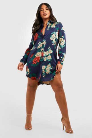 Womens Plus Floral Satin Shirt Dress - Navy - 18, Navy