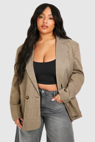 Womens Plus Linen Look Pinstripe Double Breasted Blazer - Beige - 16, Beige