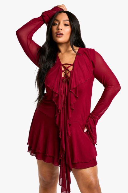 Womens Plus Mesh Ruffle Lace Up Skater Dress - Red - 16, Red