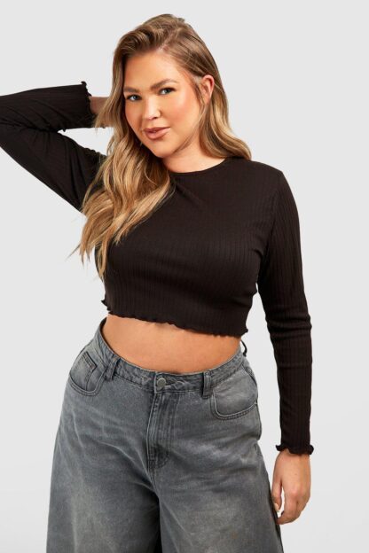 Womens Plus Rib Long Sleeve Lounge Cropped Top - Black - 28, Black