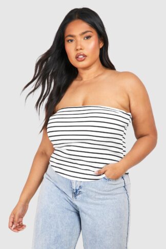 Womens Plus Rib Longline Stripe Bandeau Top - White - 16, White