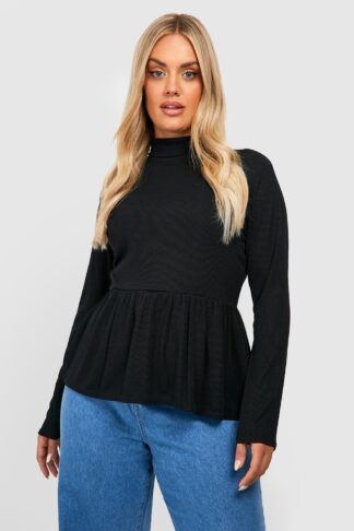 Womens Plus Rib Roll Neck Peplum Smock Top - Black - 26, Black