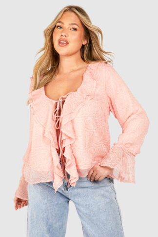 Womens Plus Ruffle Rose Textured Blouse - Pink - 28, Pink