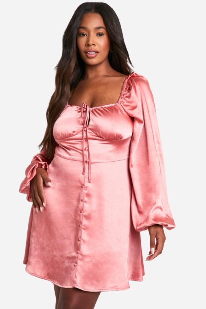 Womens Plus Satin Balloon Sleeve Milkmaid Mini Skater Dress - Pink - 16, Pink