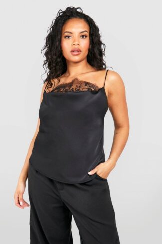 Womens Plus Satin Cowl Lace Insert Top - Black - 22, Black