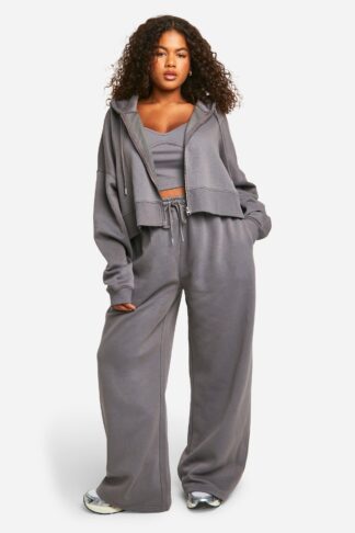 Womens Plus Seam Detail Crop Top 3 Piece Hooded Tracksuit - Grey - 16, Grey