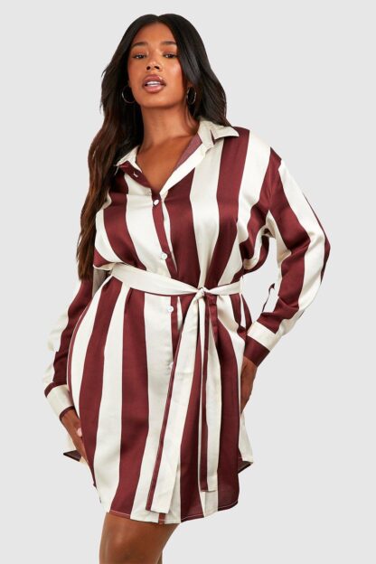 Womens Plus Striped Belted Satin Shirt Dress - Brown - 20, Brown