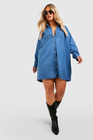 Womens Plus Western Denim Shirt Dress - Blue - 16, Blue