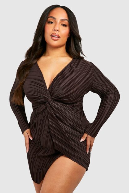 Womens Plus Wide Plisse Twist Front Wrap Dress - Brown - 16, Brown