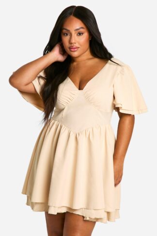 Womens Plus Woven Bodice Ruffle Sleeve Skater Dress - Beige - 16, Beige