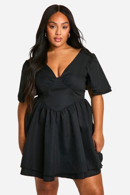 Womens Plus Woven Bodice Ruffle Sleeve Skater Dress - Black - 16, Black