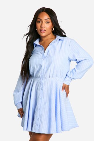 Womens Plus Woven Stripe Skater Shirt Dress - Blue - 16, Blue