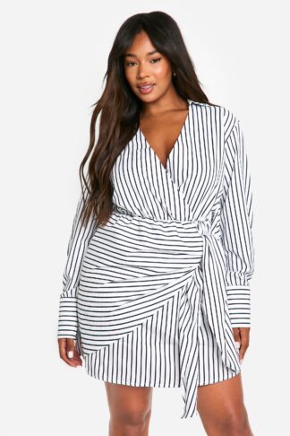 Womens Plus Woven Stripe Wrap Shirt Dress - White - 16, White